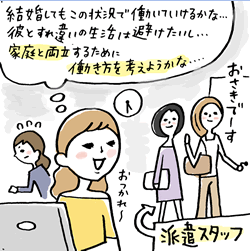 結婚してもこの状況で働いていけるかな・・・。彼とすれ違いの生活は避けたいし・・・。家庭と両立するために働き方を考えようかな・・・。