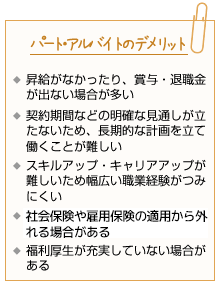 昇給がなかったり、賞与・退職金が出ない場合が多い。契約期間などの明確な見通しが立たないため、長期的な計画を立て働くことが難しい。スキルアップ・キャリアアップが難しいため幅広い職業経験がつみにくい。社会保険や雇用保険の適用から外れる場合がある。福利厚生が充実していない場合がある